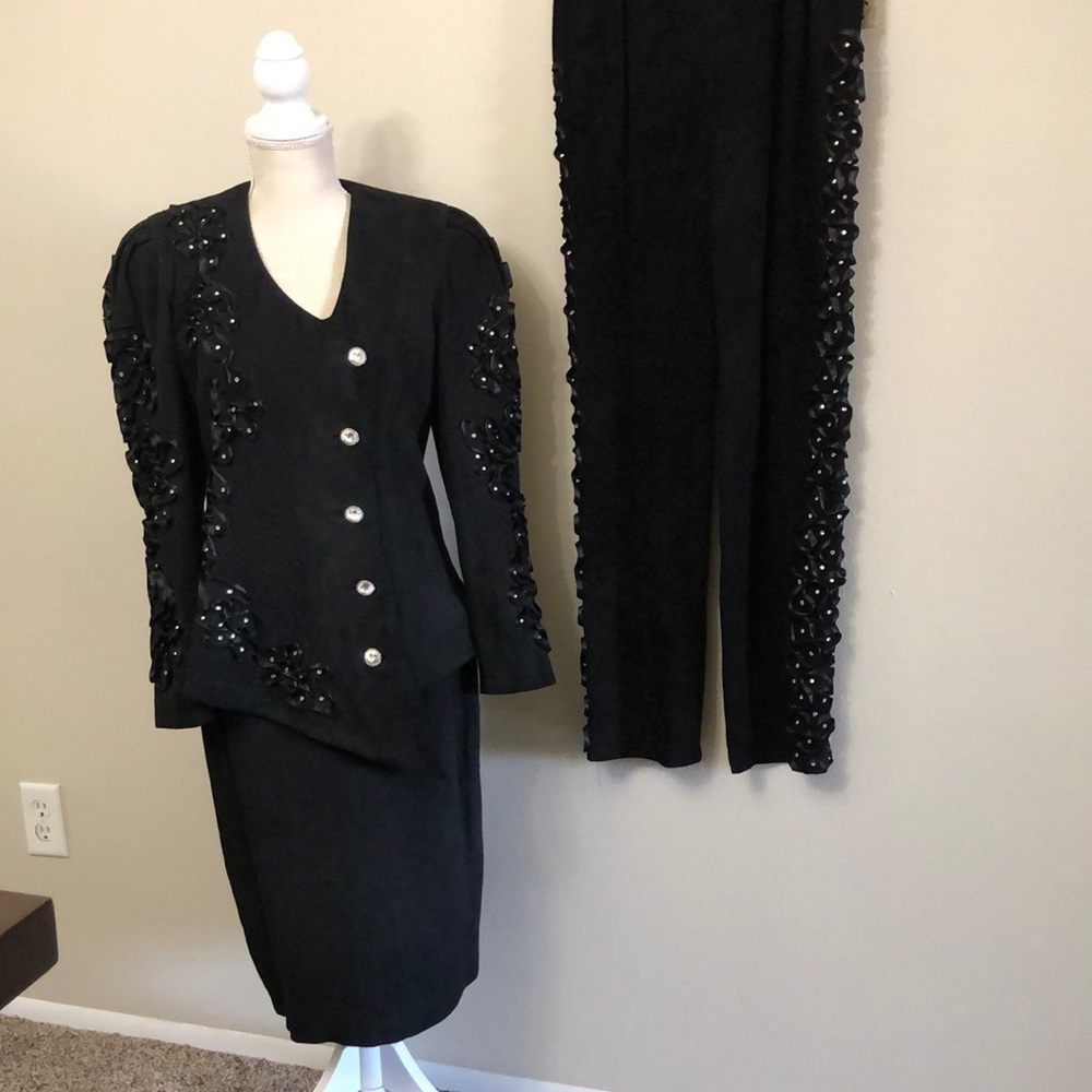 Black Suede Ribbons and Rhinestones 3-piece suit. Perfect Black-Tie ensemble
